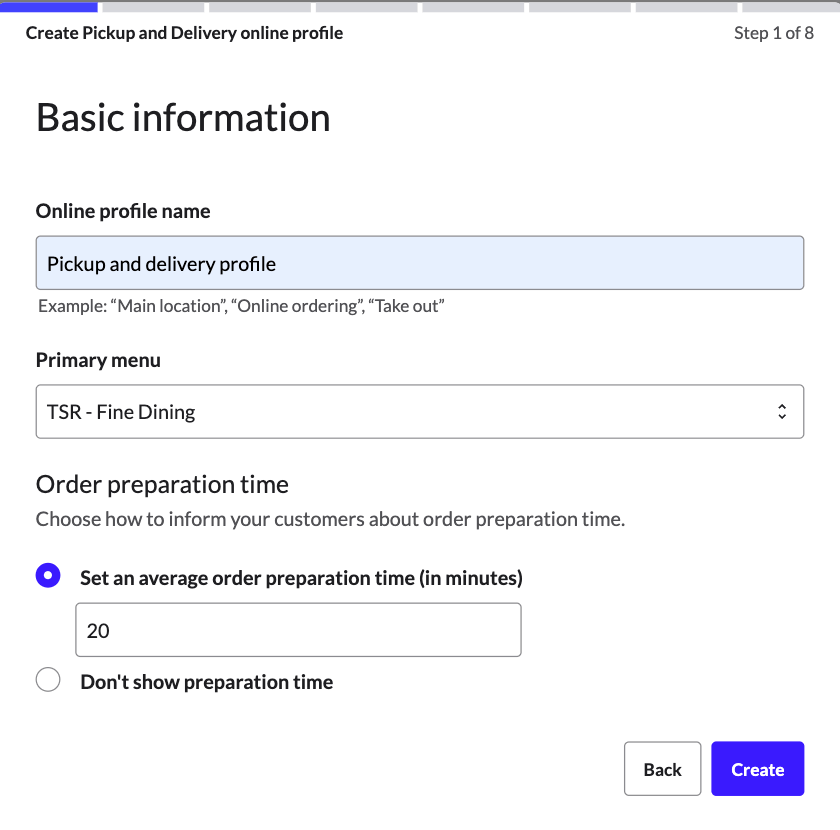 The Basic information page for Pickup and delivery profiles