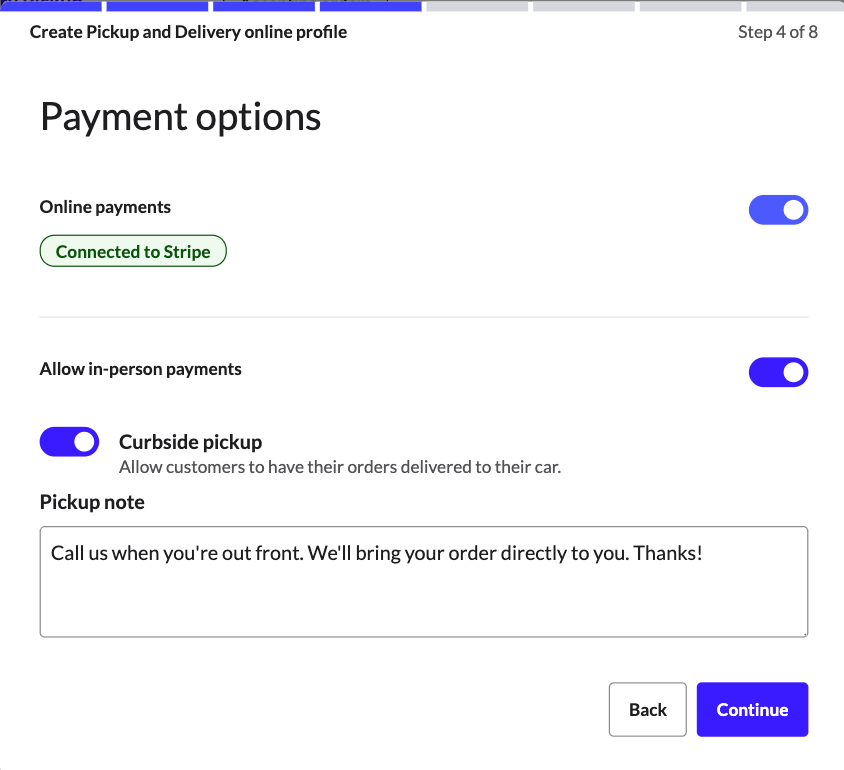 The Payment options window for Pickup and delivery profiles
