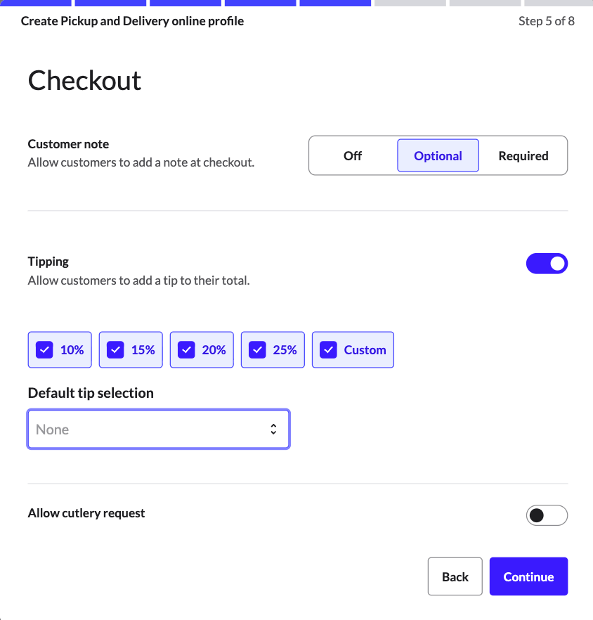 The Checkout page for Pickup and delivery profiles