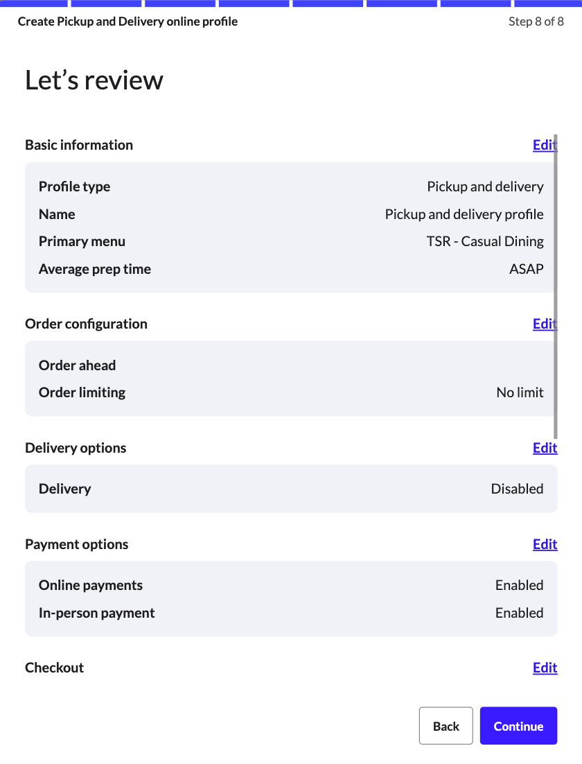 The Review page for Pickup and delivery profiles