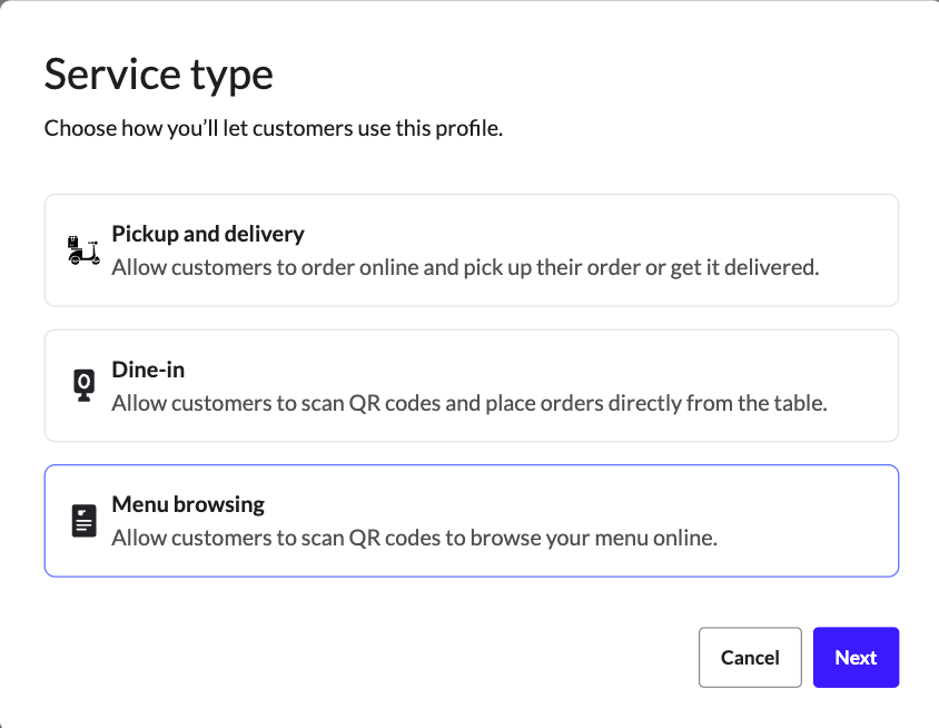 The service type window with Menu browsing selected