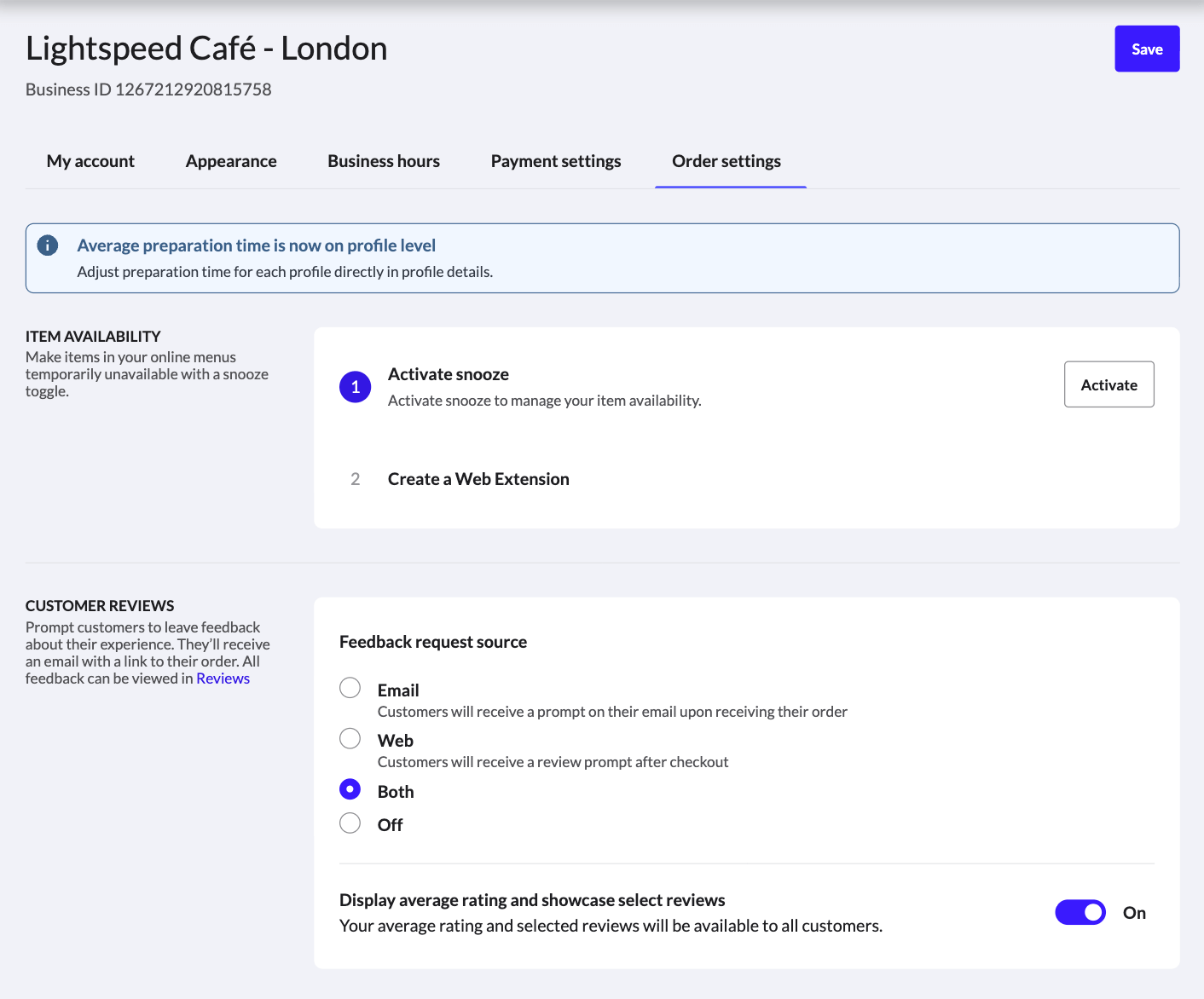 The Order settings tab in Order Anywhere