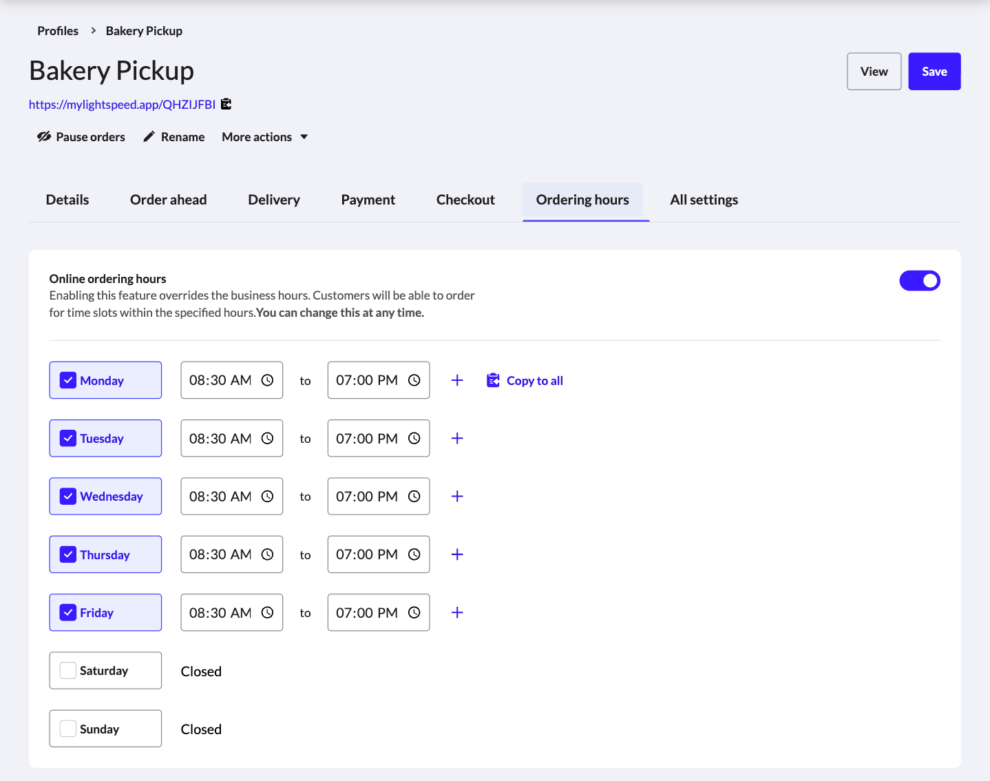 The Ordering hours page