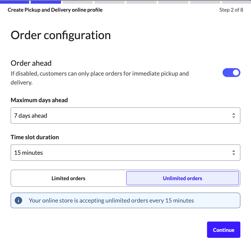 The Order configuration page for Pickup and delivery profiles