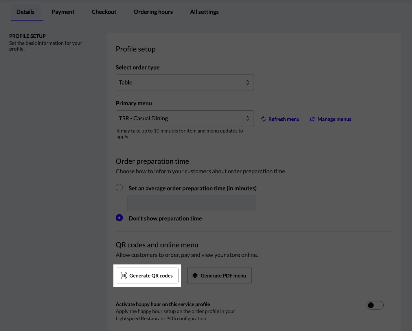 The Details page with Generate QR codes highlighted