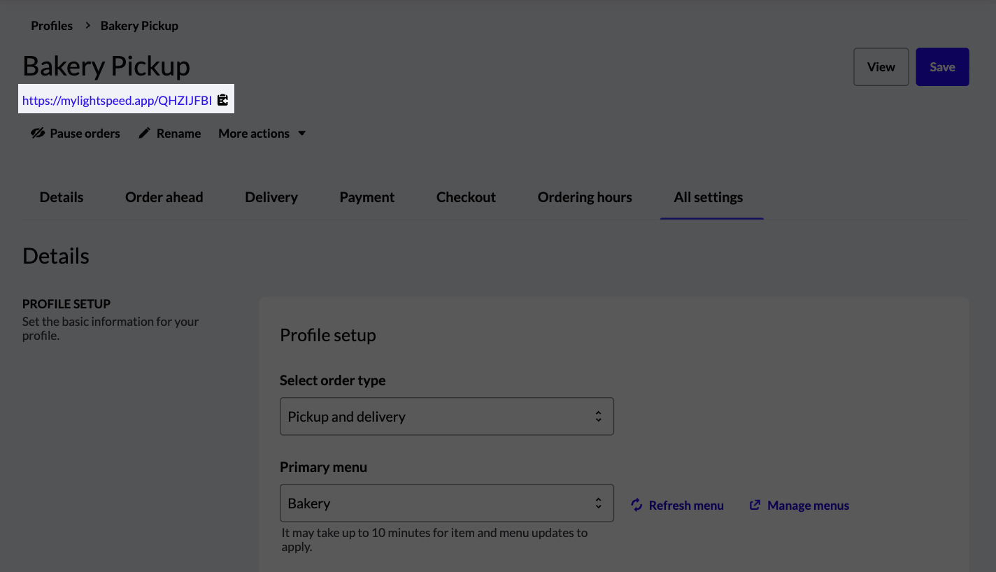 An example profile with the menu link and clipboard button highlighted