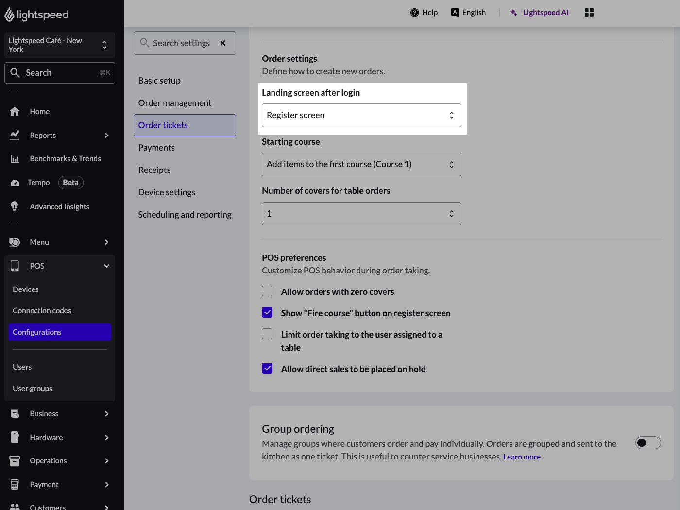 The Configurations page in the Back Office. The setting named 'Landing screen after login' has been highlighted.