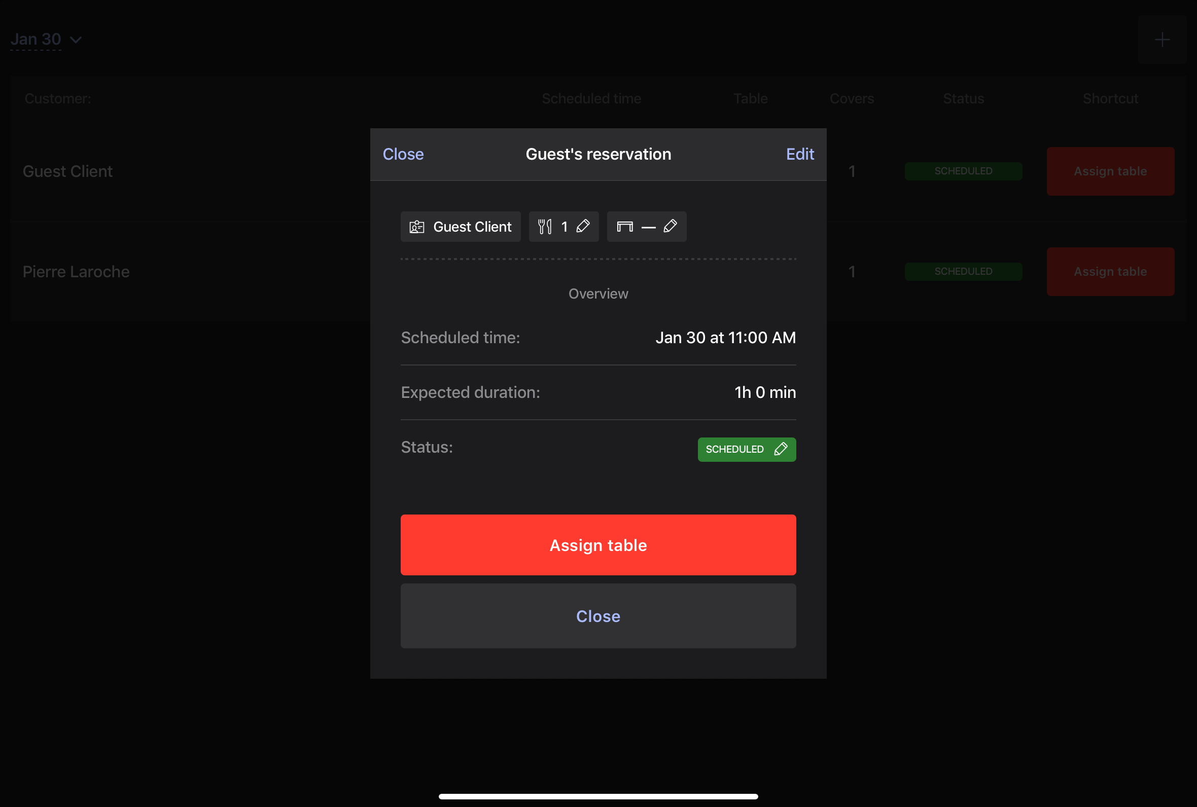 Editing a reservation on the POS