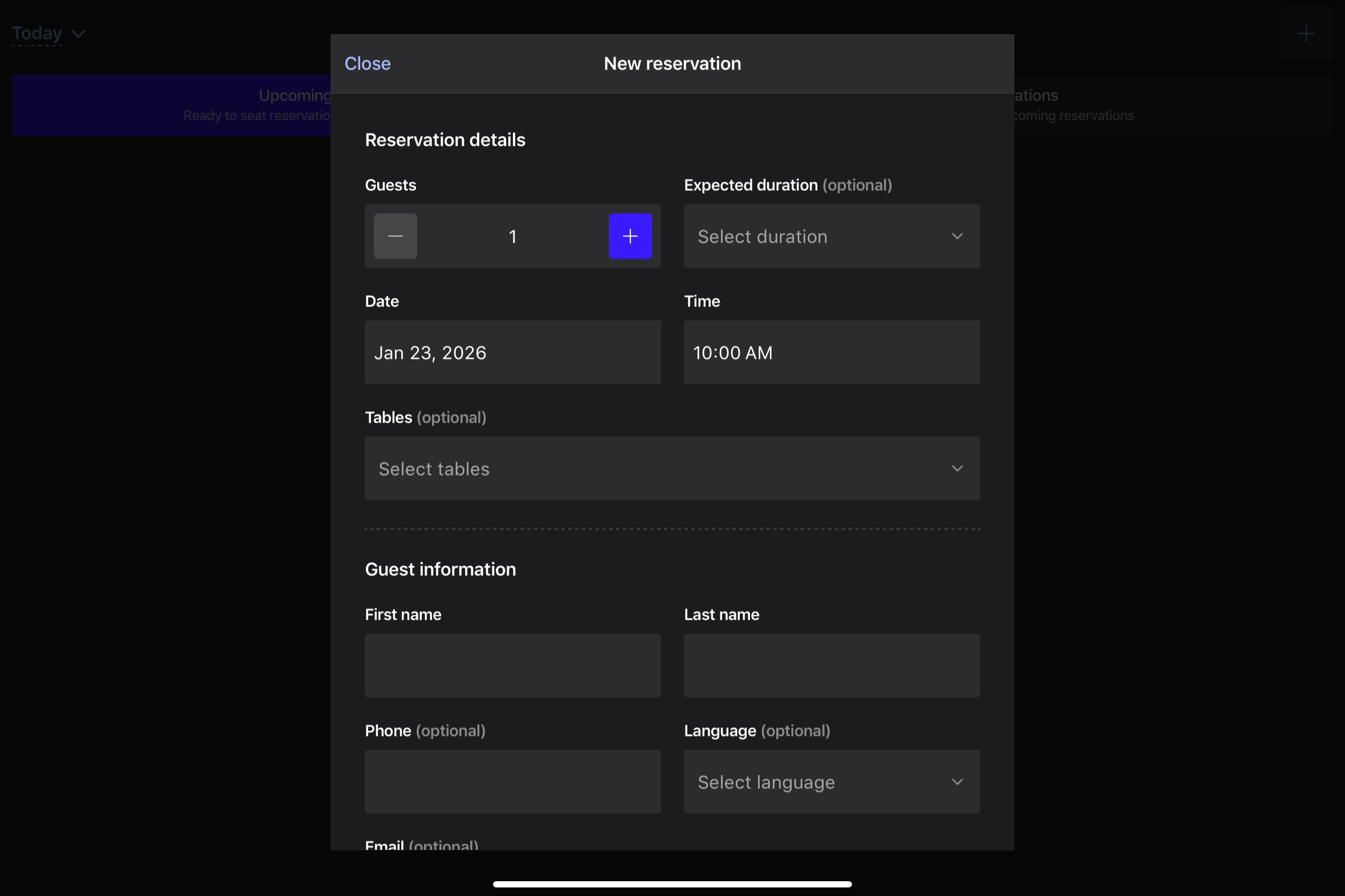 Adding a new reservation on the POS