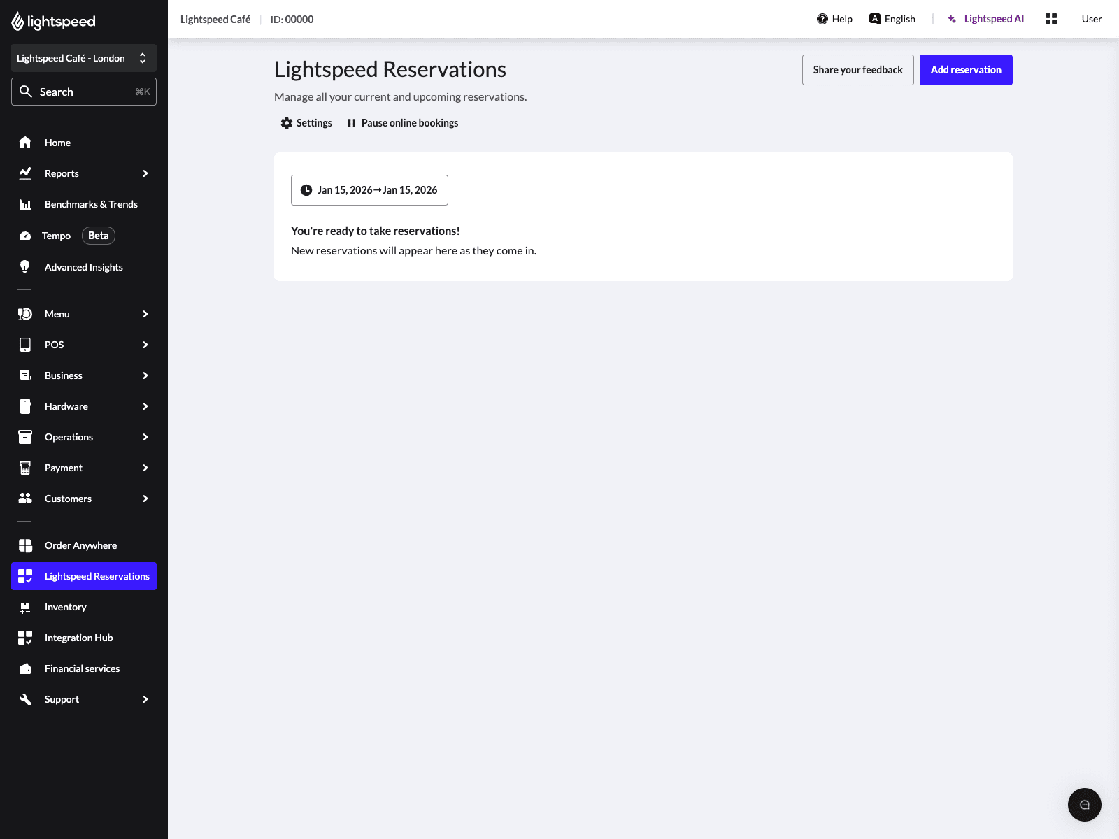 Lightspeed Reservations dans le back-office