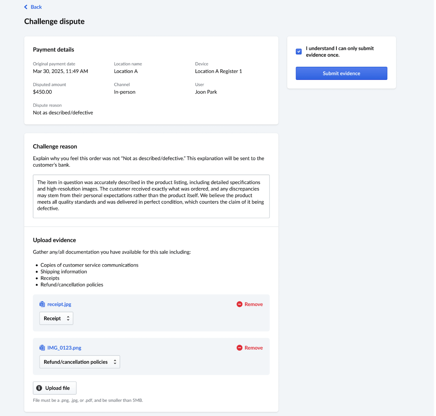 Challenge dispute page with example challenge reason.