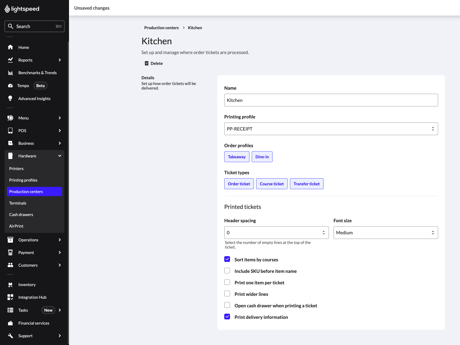 Printing location settings of a production center. See below for more details.