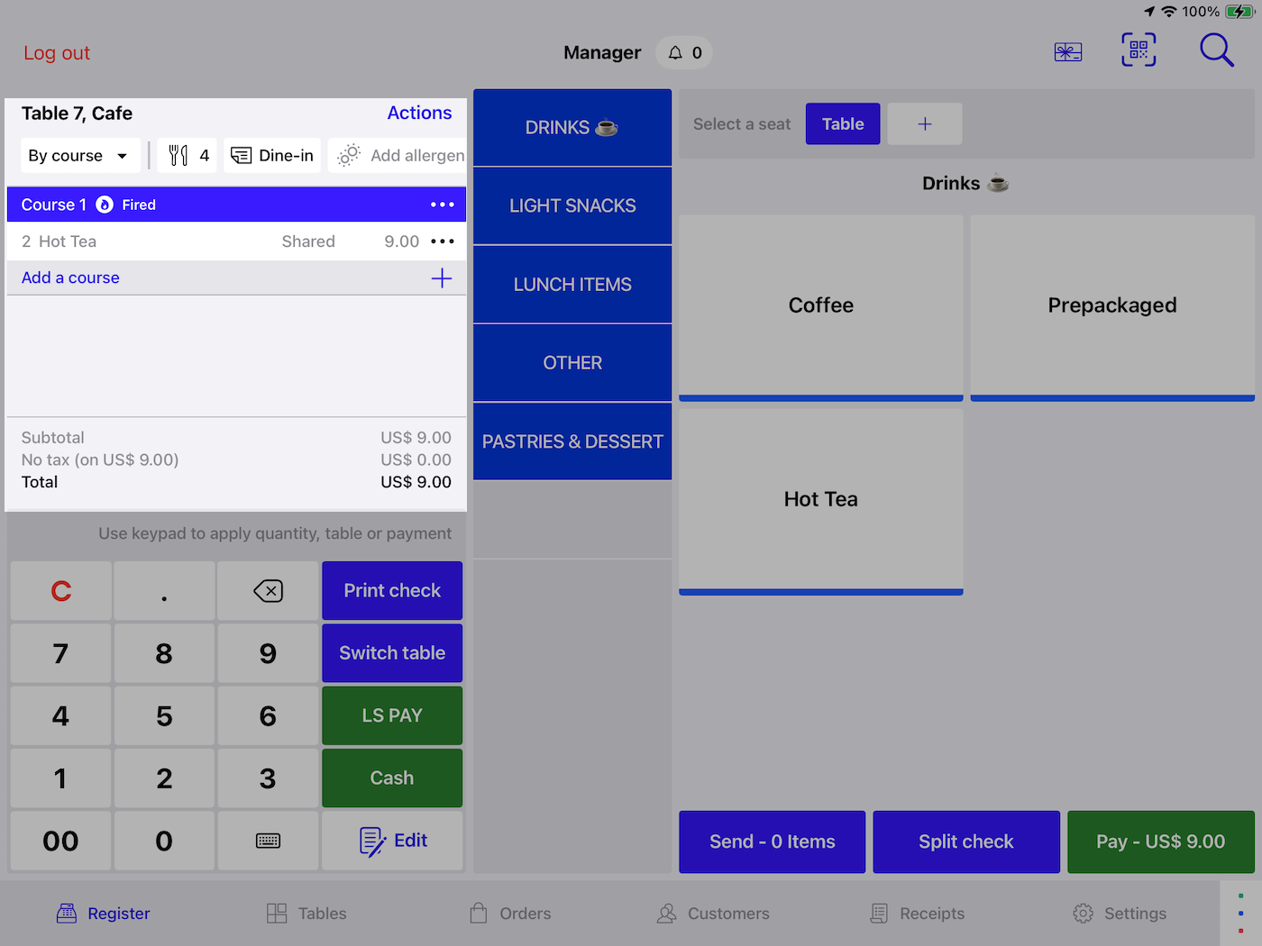 The Register screen in Restaurant POS. The Order summary panel is highlighted.