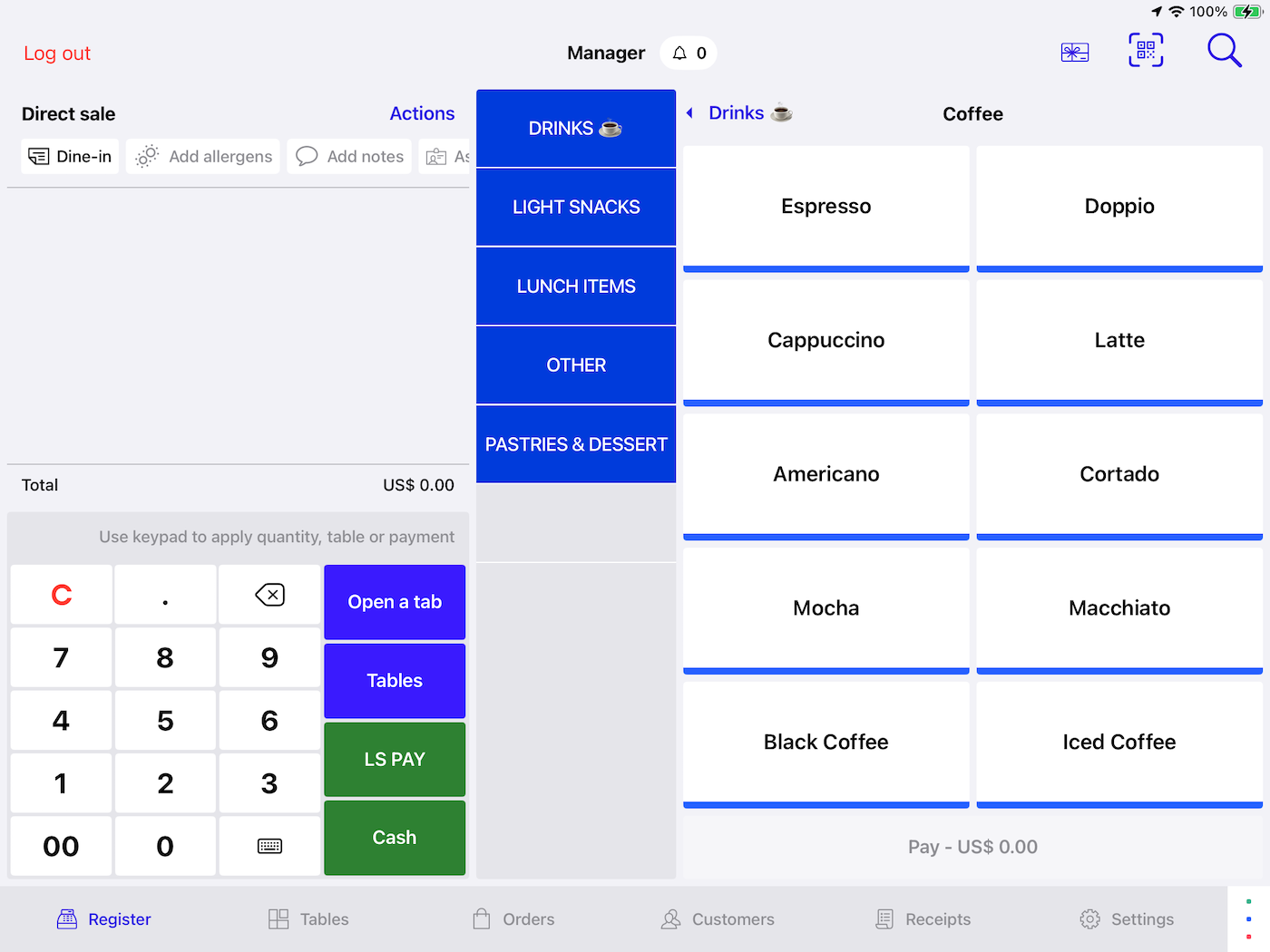 The Register screen in Lightspeed Restaurant.