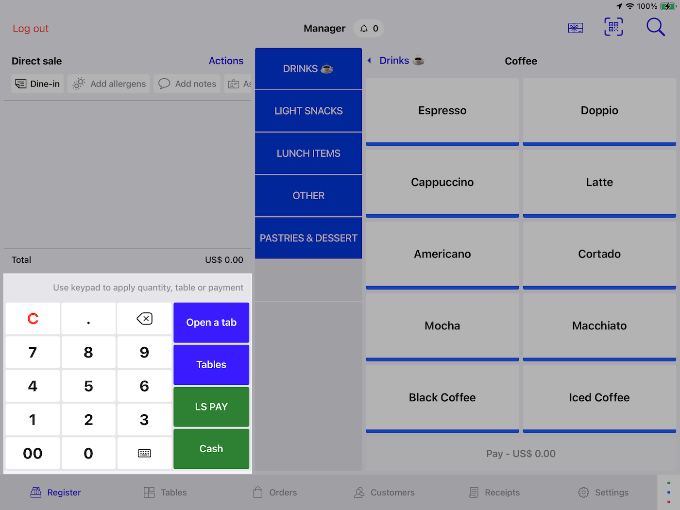 The Register screen in Restaurant POS. keypad is highlighted.