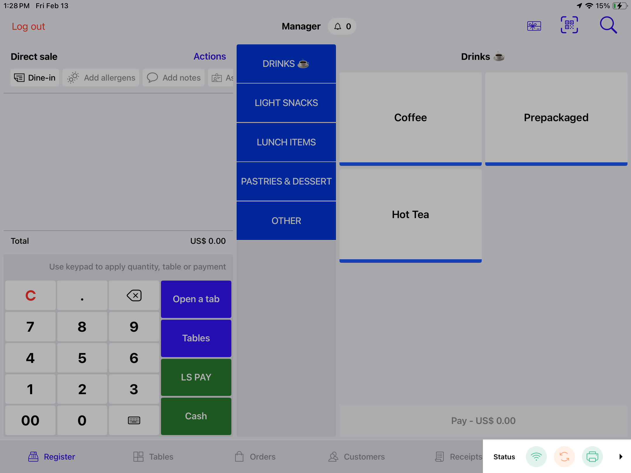 Status menu open on the Register screen showing an orange reload icon indicating a reload is available.