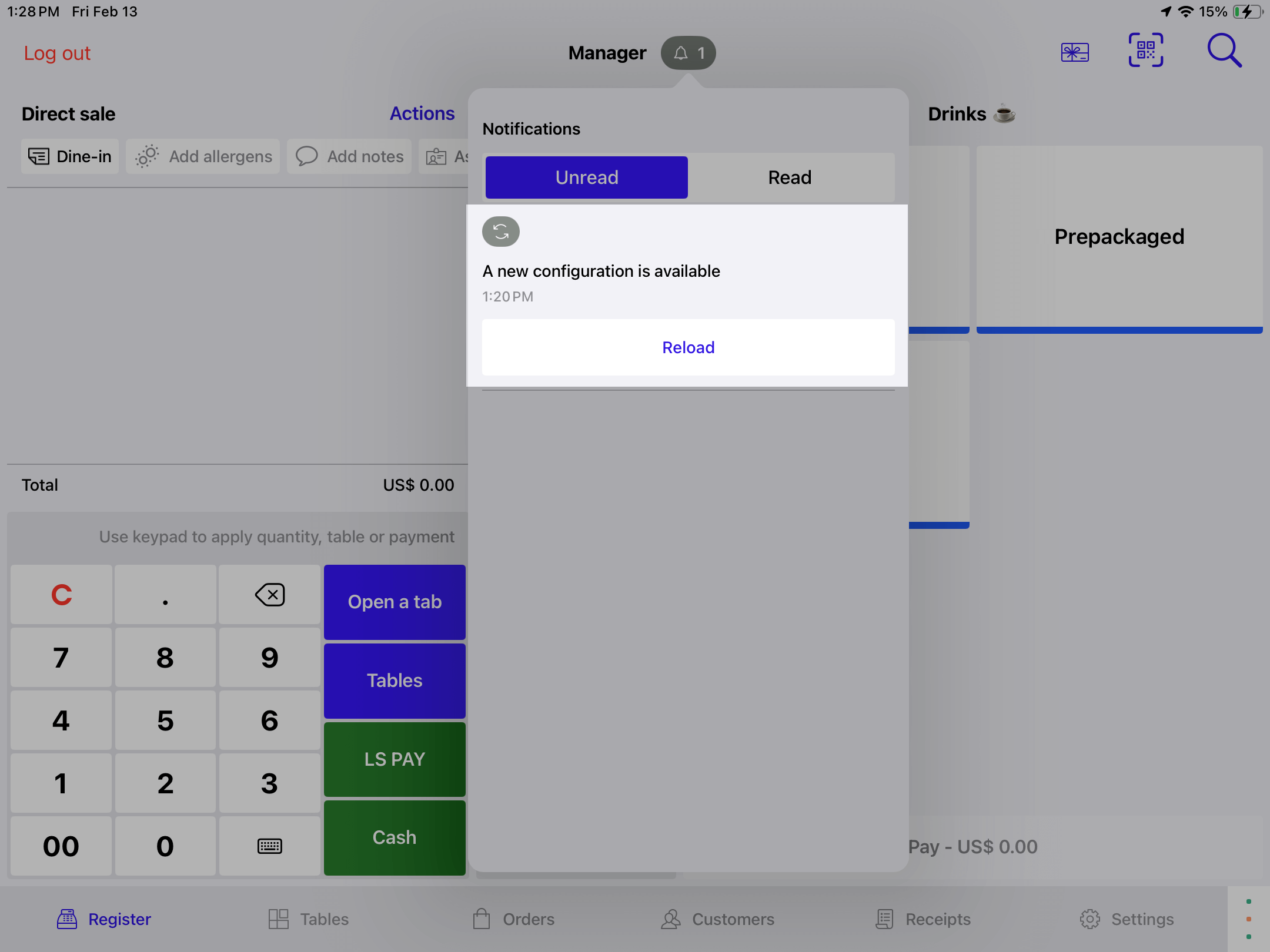 Notifications menu open on the Register screen showing a new configuration is available for reload.