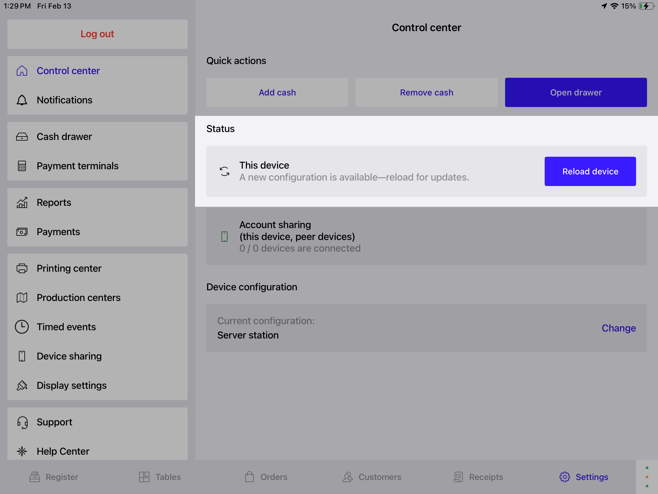 Status section of the Control center showing a new configuration is available for reload.