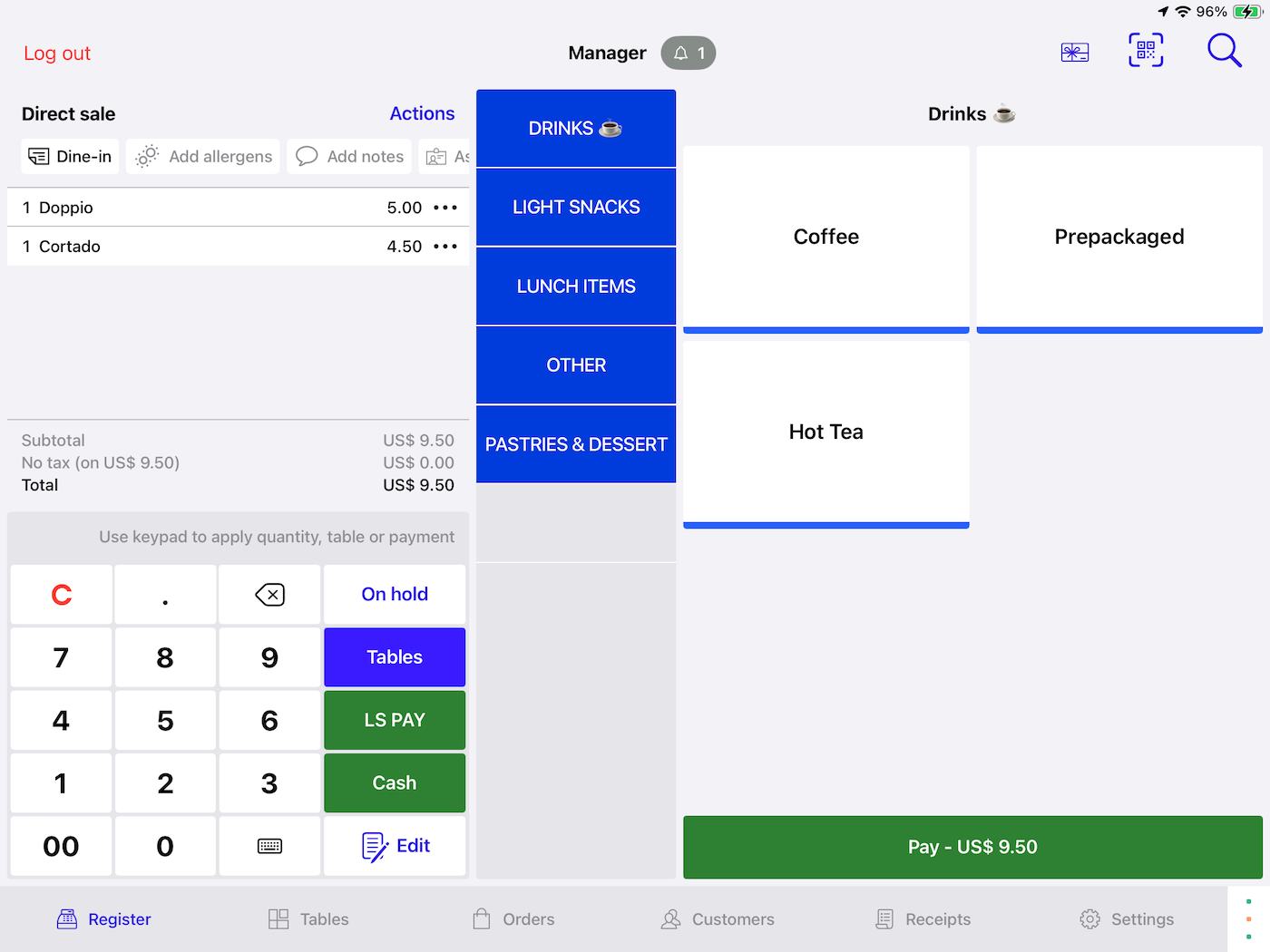 The Register screen in Restaurant POS. A Direct Sale order is open.