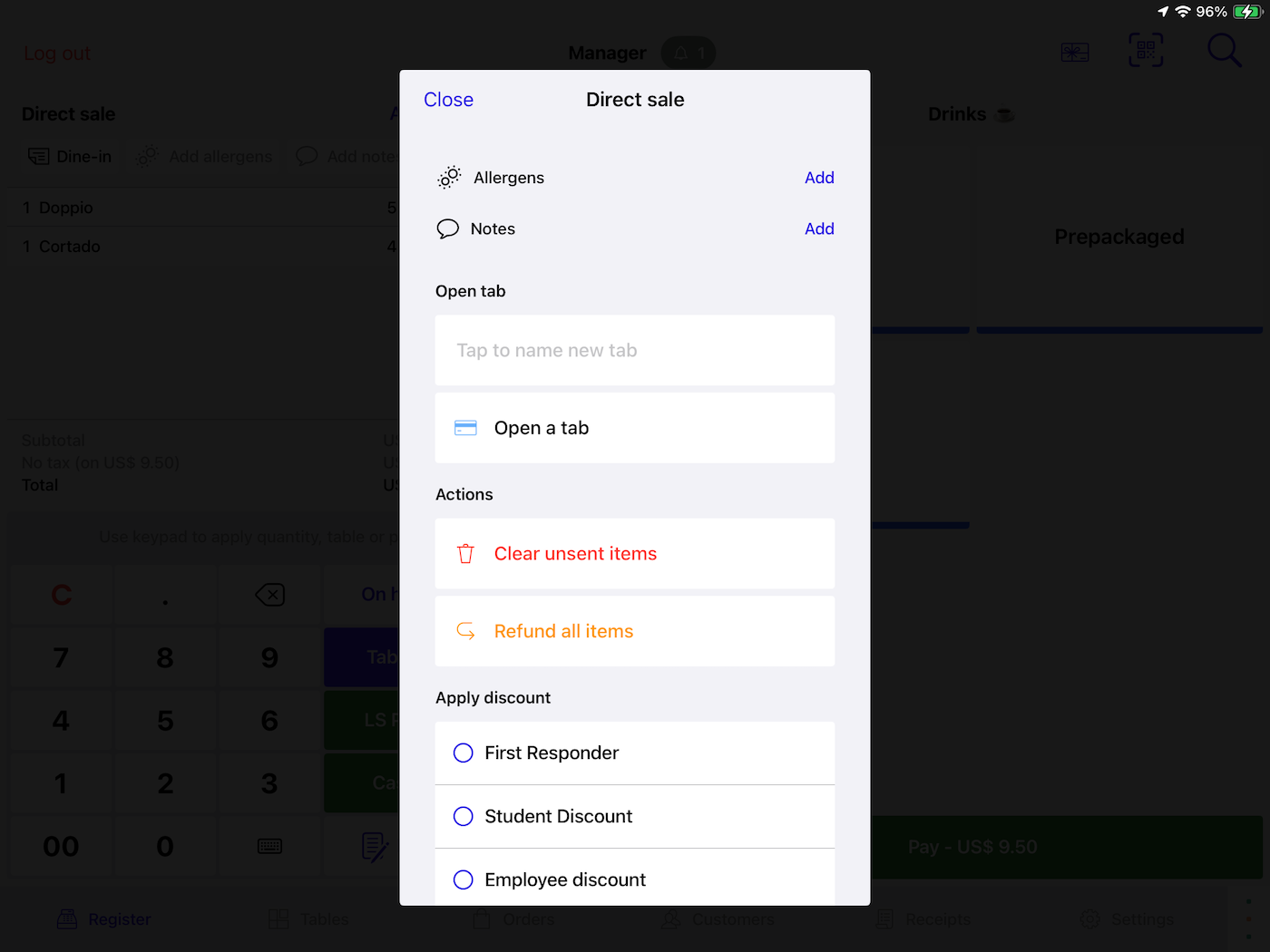 The Actions menu for a Direct Sale order.
