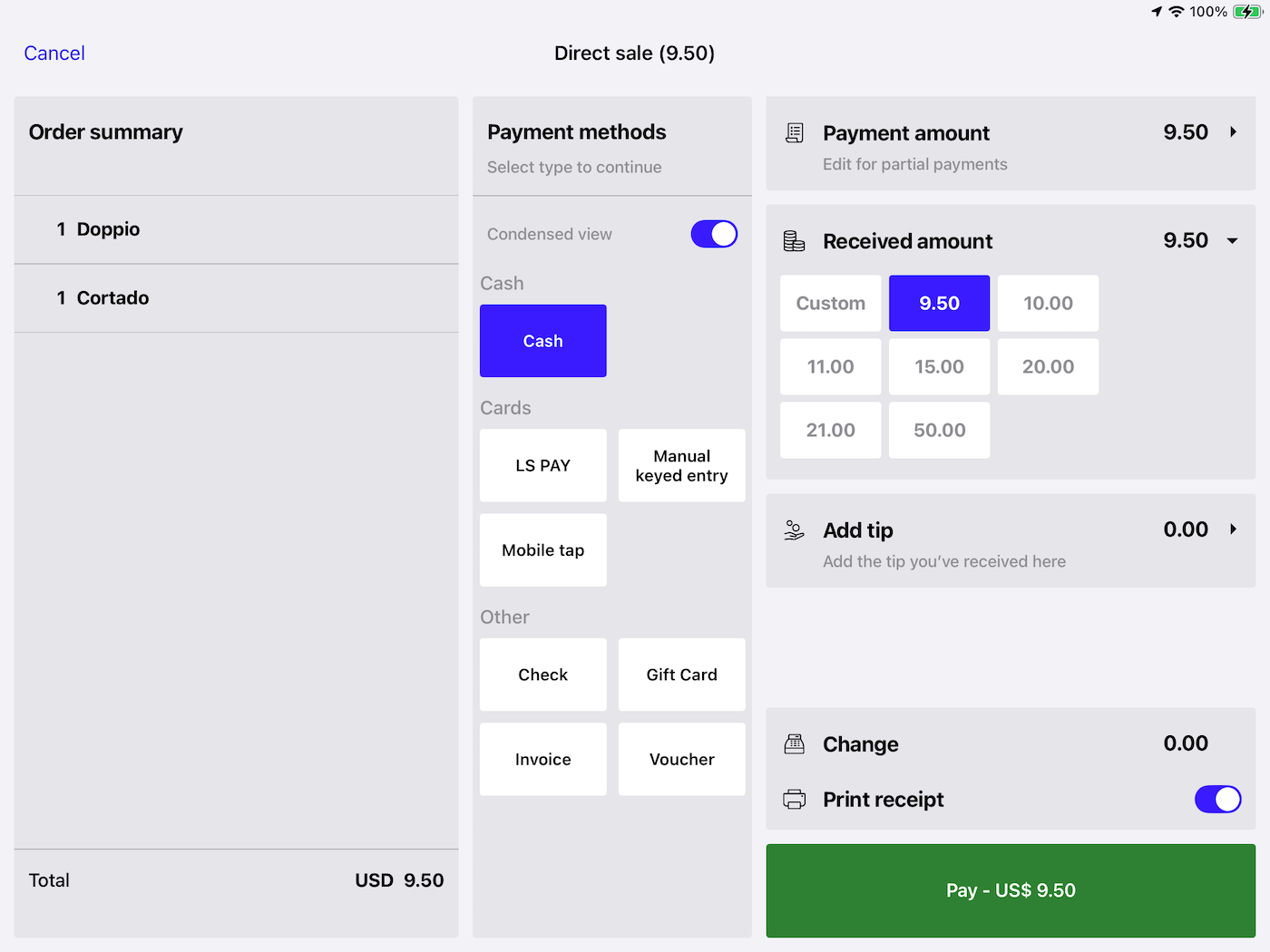 The Payment screen in Restaurant POS.