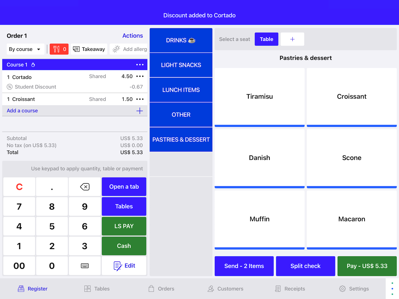 An open order in Lightspeed POS. A banner shows that a discount was successfully added to an item.