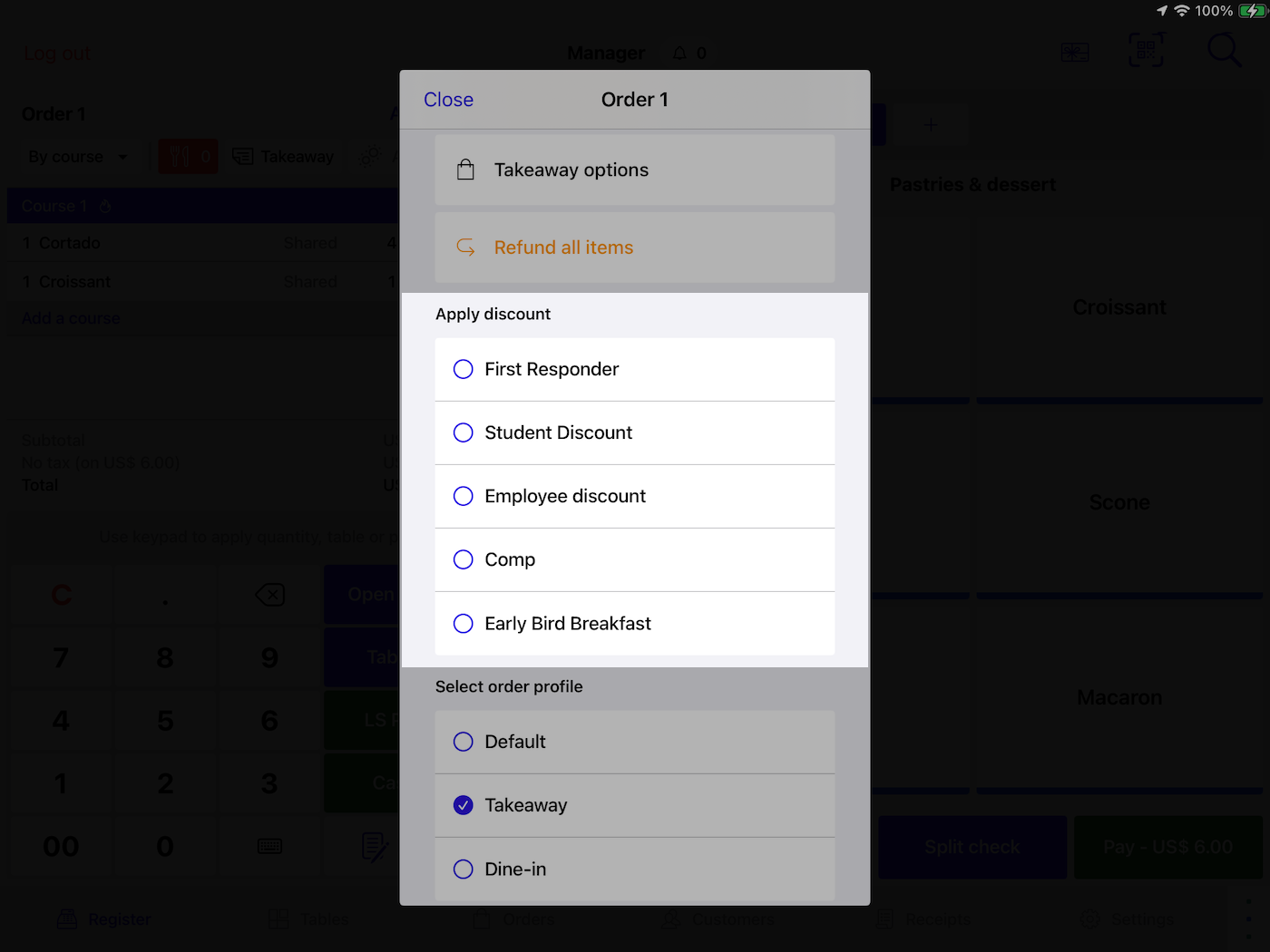 A pop-up module listing all available discounts.