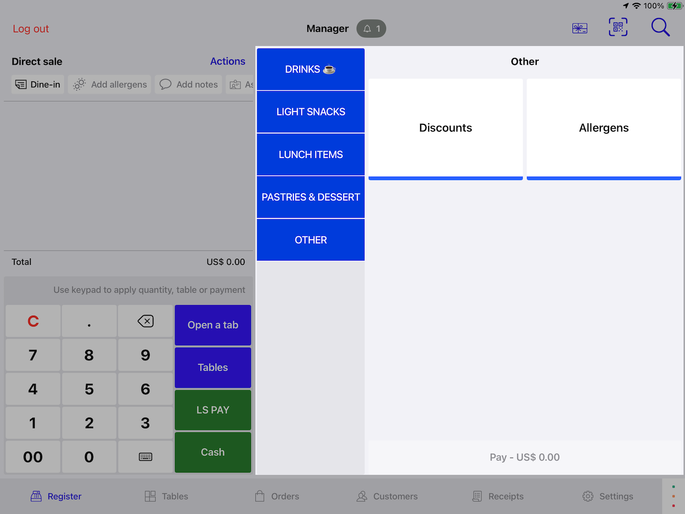 An open order in Lightspeed POS. The menu has been highlighted.