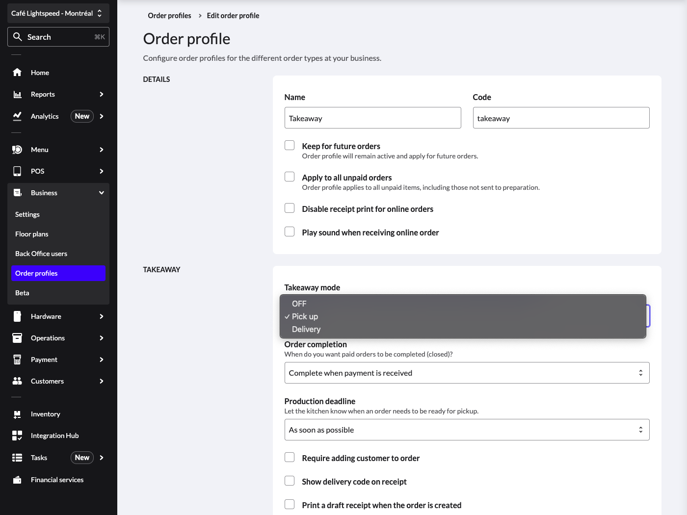 The edit Order Profiles page in Lightspeed Back Office.