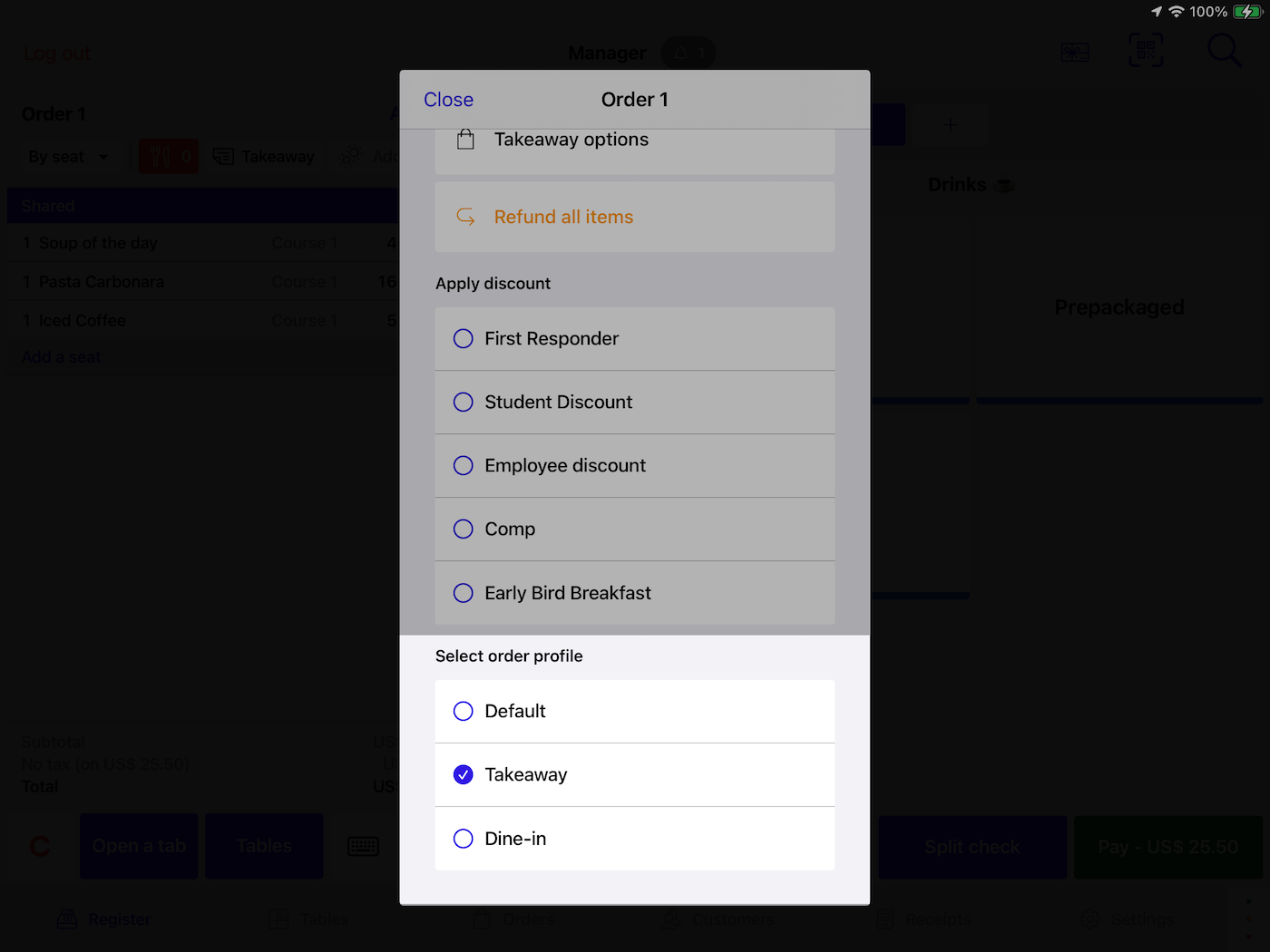The actions menu in Lightspeed Restaurant POS. The option to select an order profile is highlighted.