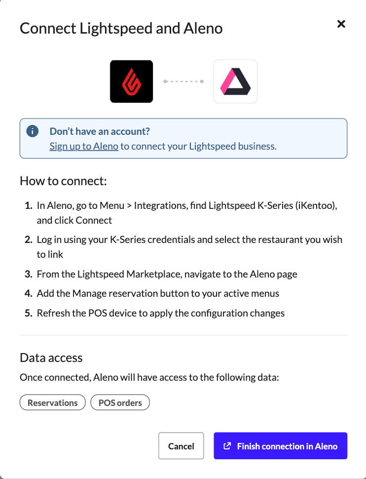 Das Fenster zum Abschluss der Verbindung in Aleno