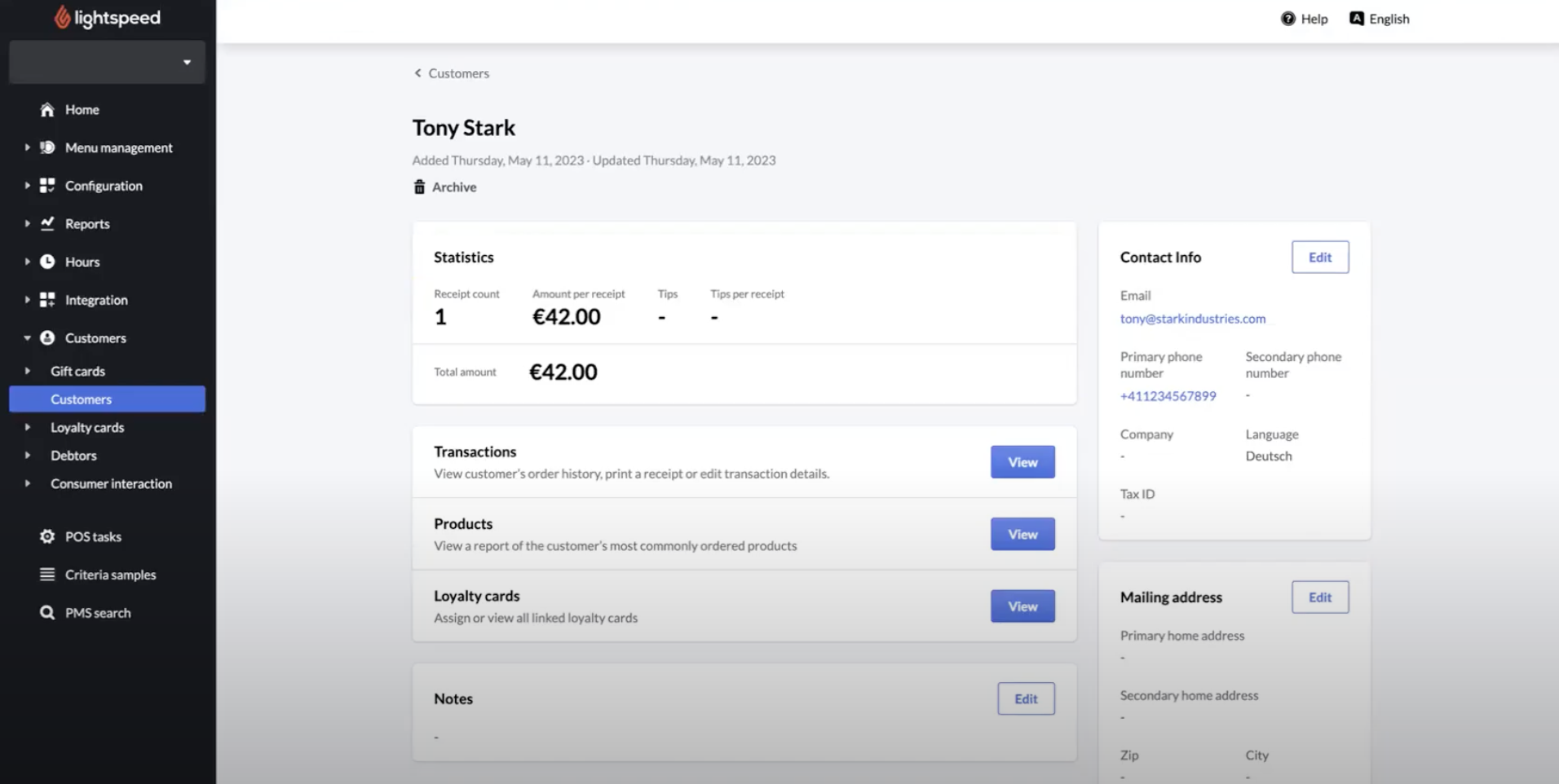 Kundendetails und Belegseite im Backoffice