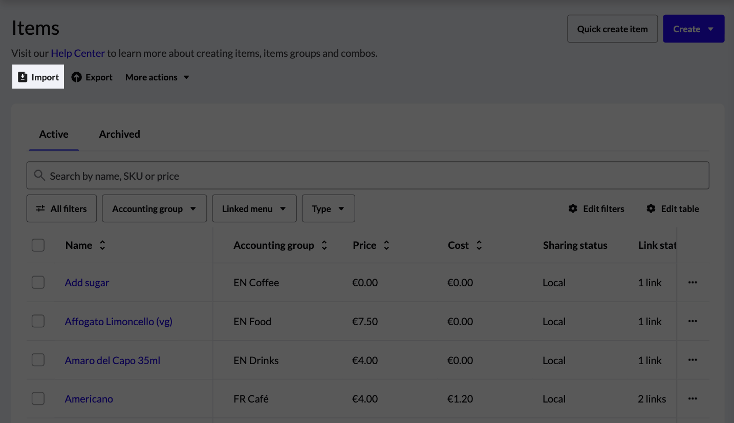 The Import button highlighted