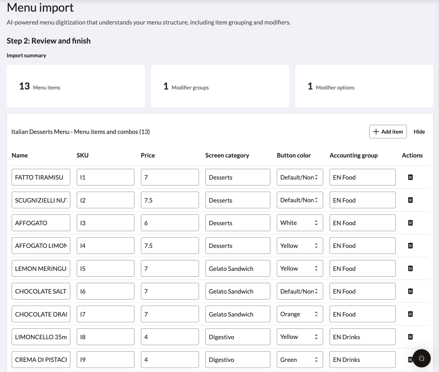 The import preview screen