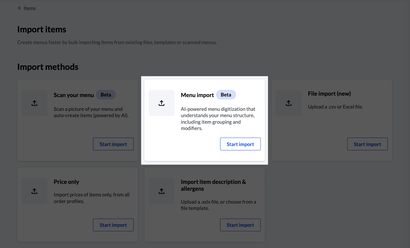 The Menu import tile highlighted