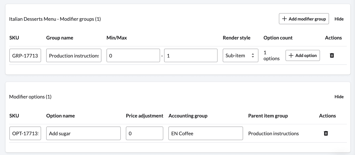The modifier groups and options