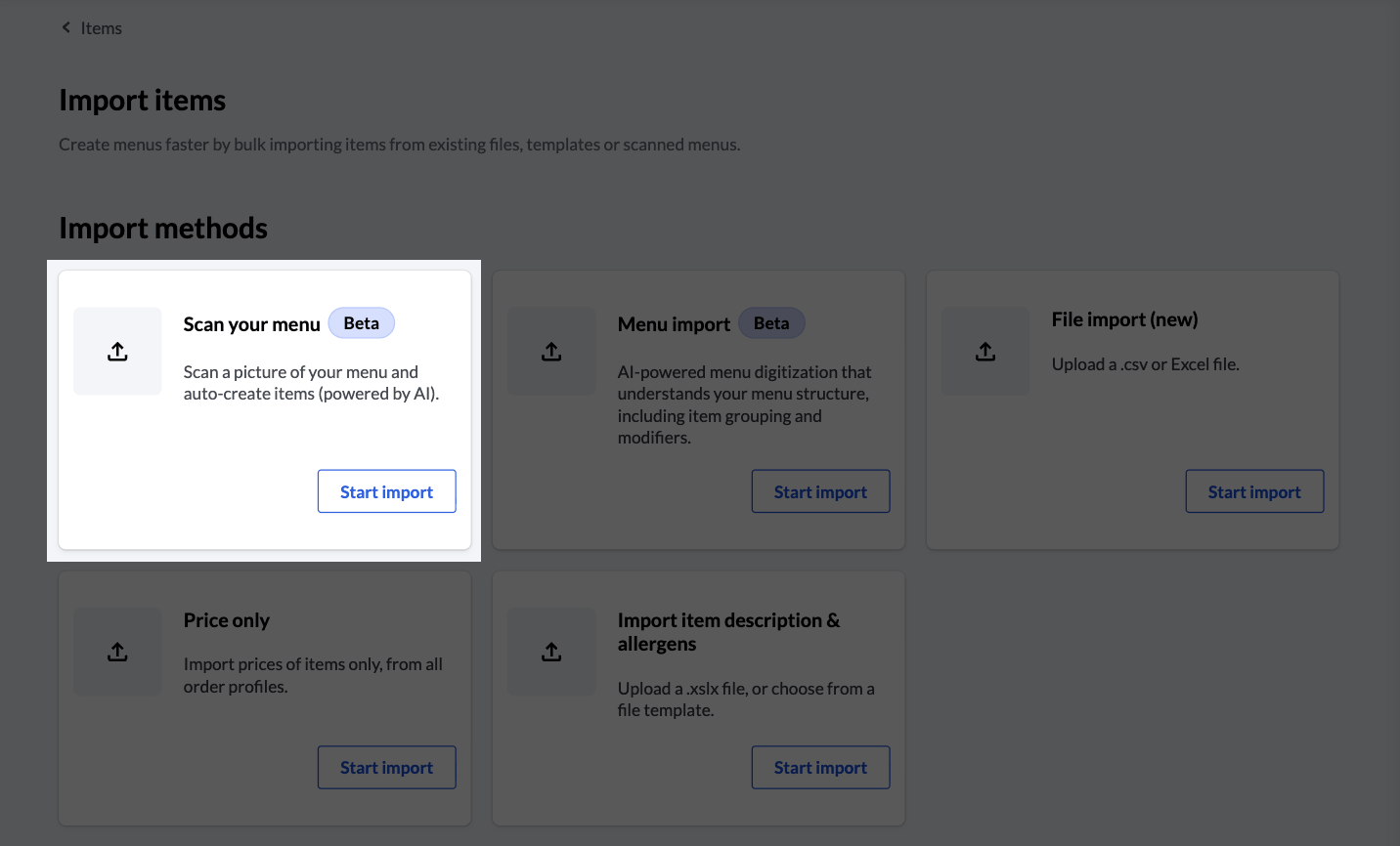 The Scan your menu tile highlighted