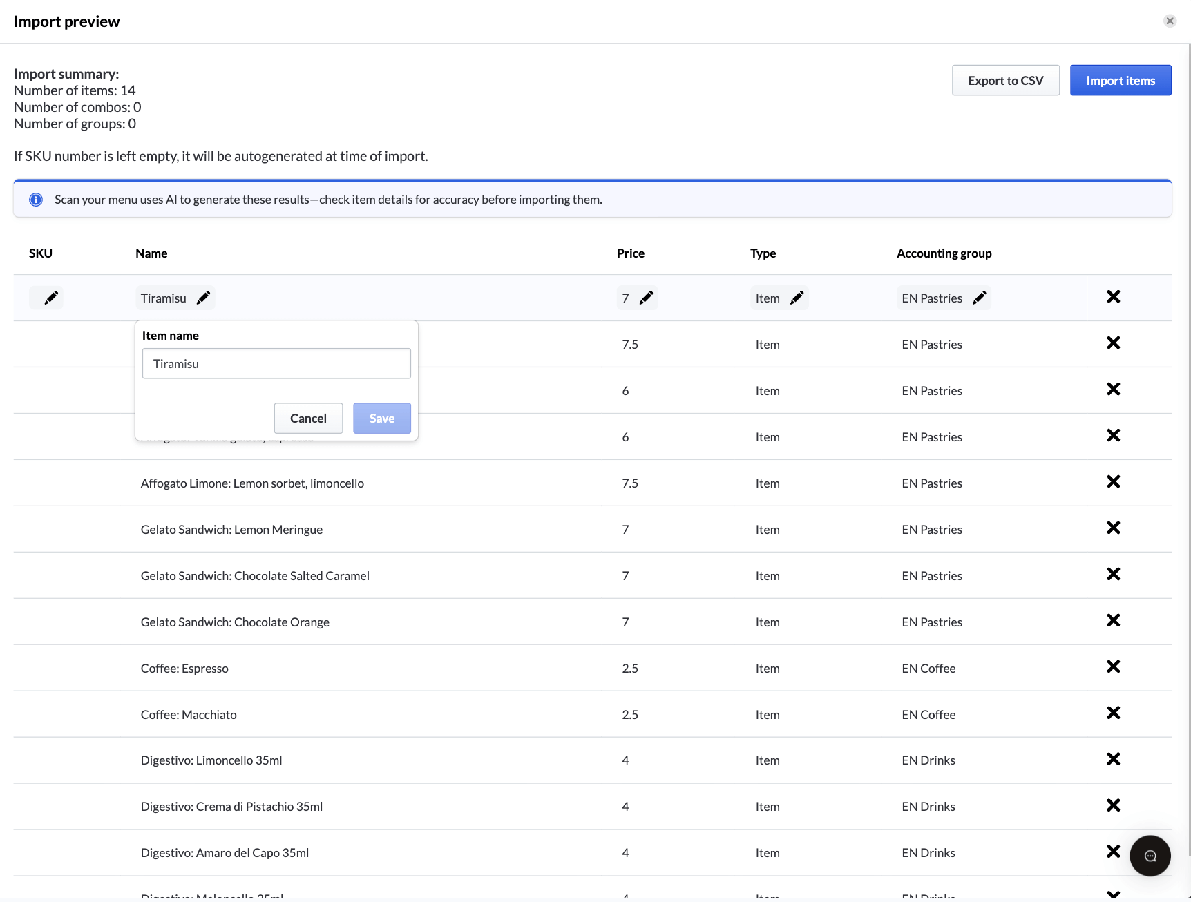 The import preview screen with an item ready to edit
