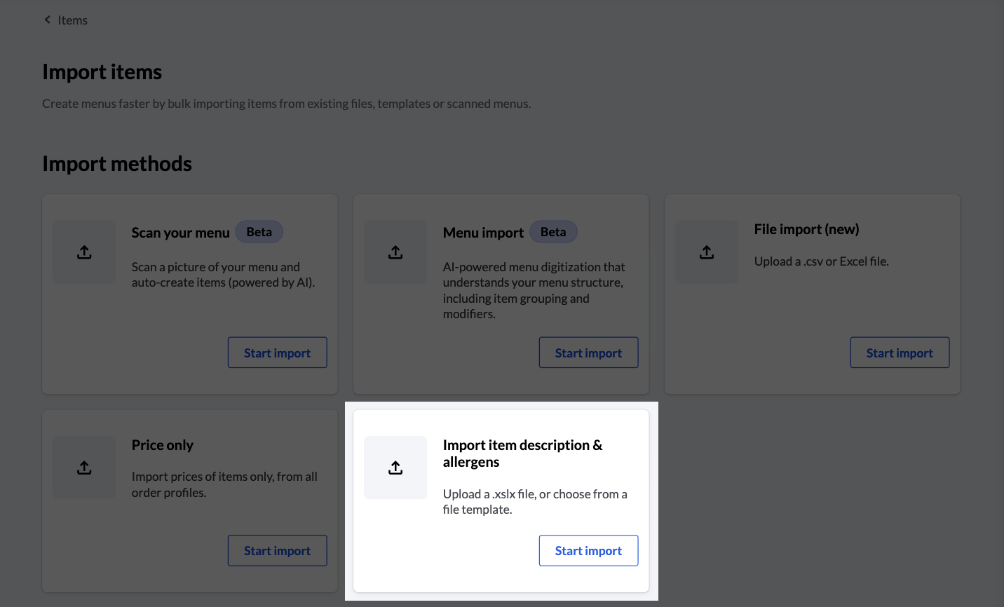 Back Office import page with Import item description & allergens highlighted