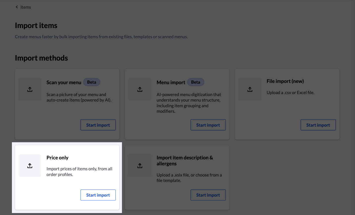 The Back Office imports page with 'Price only' tile highlighted