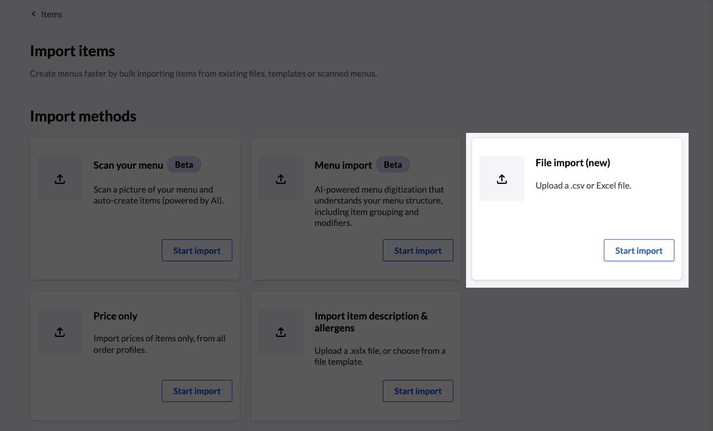 The Back Office imports page with 'File import (new)' tile highlighted