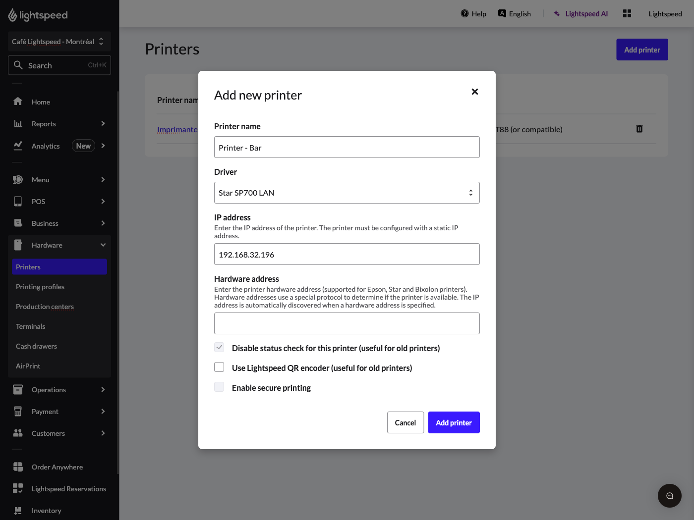 The pop-up modal to add a new printer to Lightspeed Restaurant