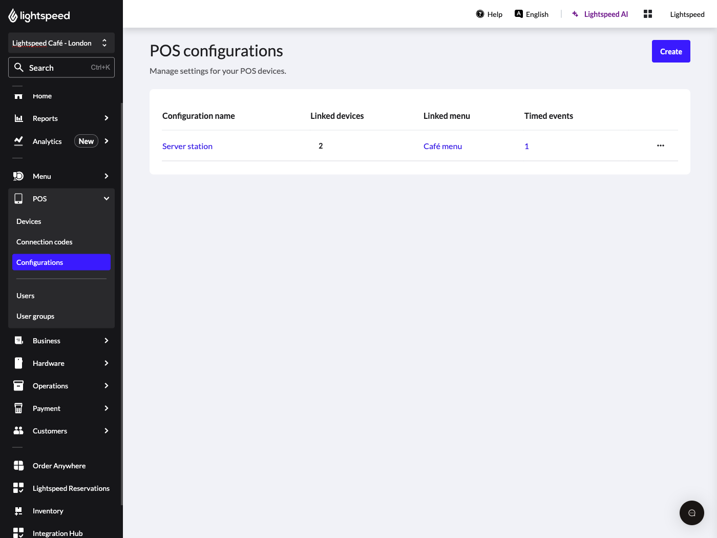 POS configuration page with one "Server station" listed with 2 linked devices, 1 linked menu, and 1 timed event.