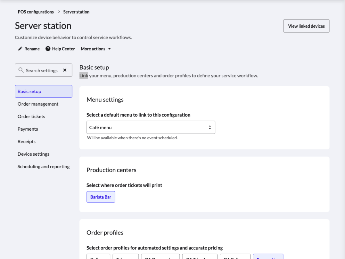 POS configuration settings of "Server station". See above for a detailed list of sections.