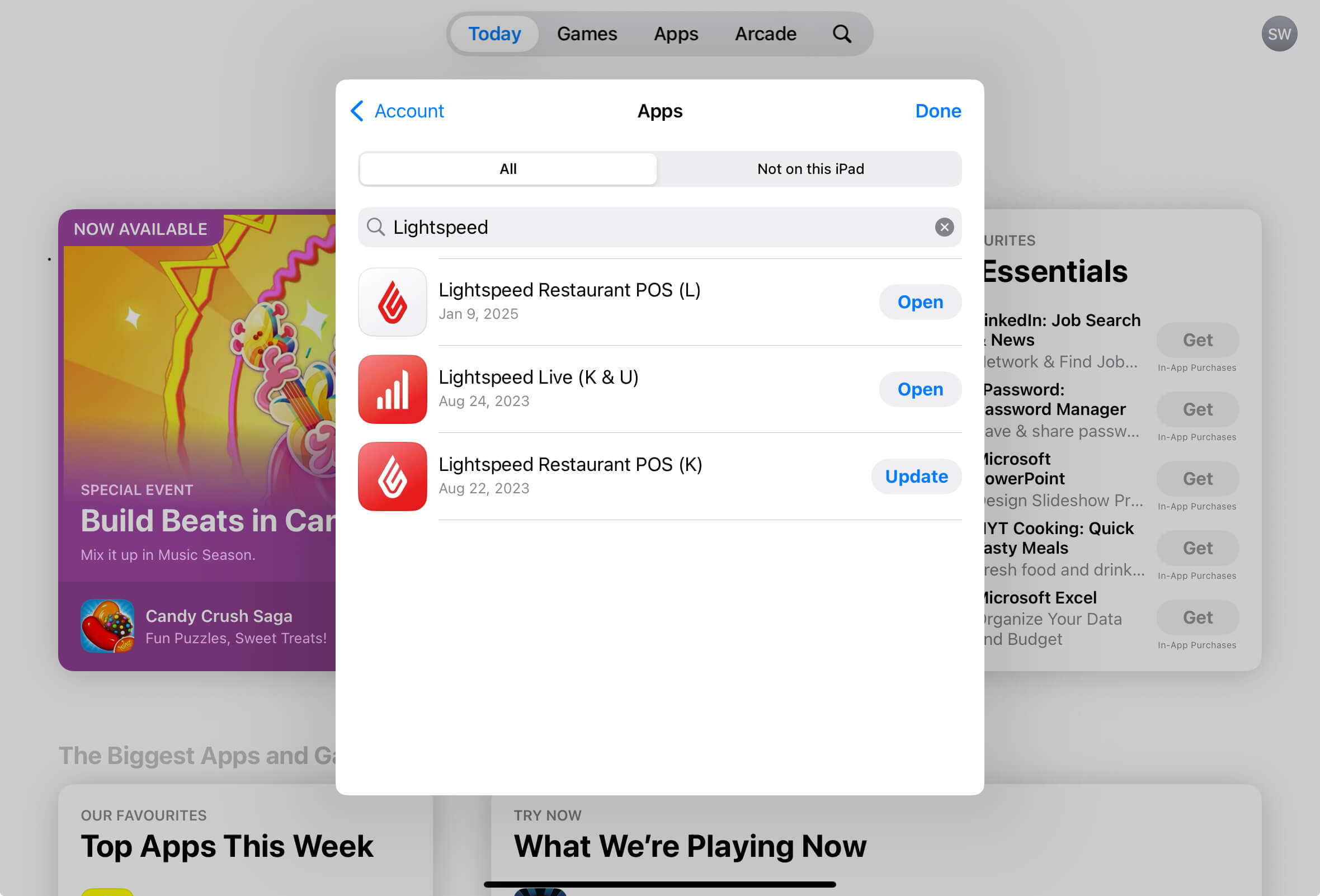 Application Lightspeed restaurateurs avec l'option 'Mettre à jour'