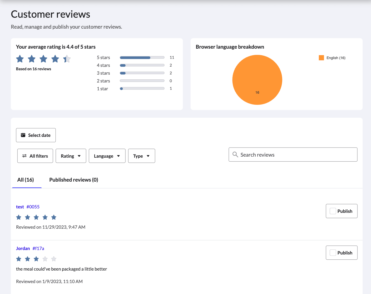 La page principale des avis des clients