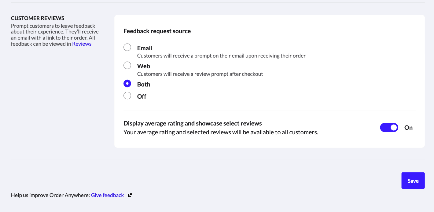 La section 'Avis des clients' dans les paramètres
