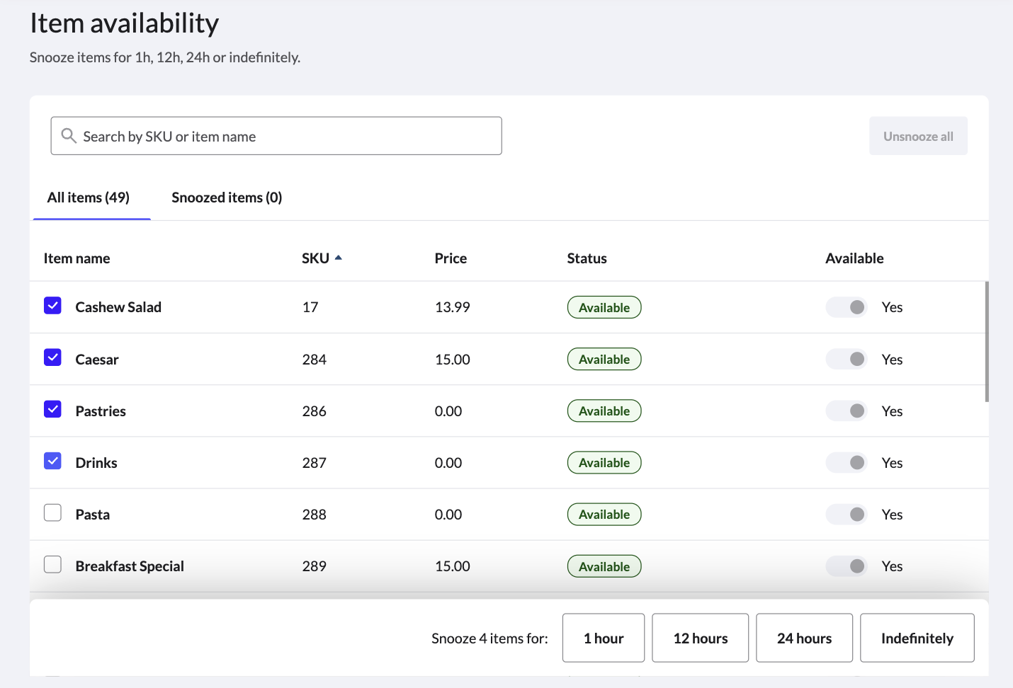 Item availability page items checked off for bulk snoozing