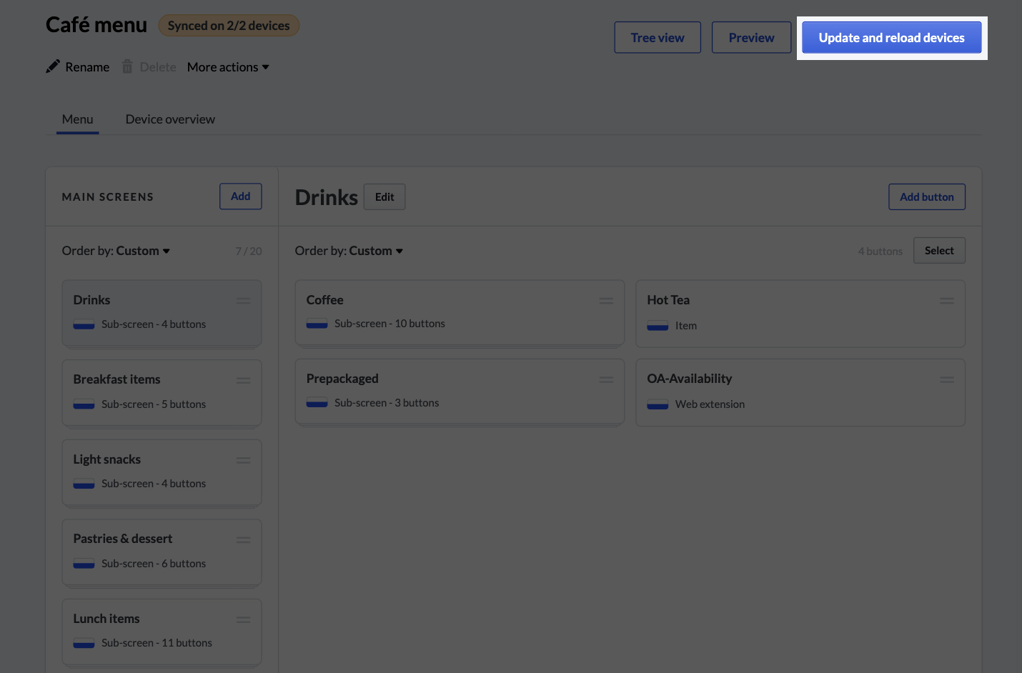 Back Office 'Menus' section with 'Update and reload devices' button highlighted