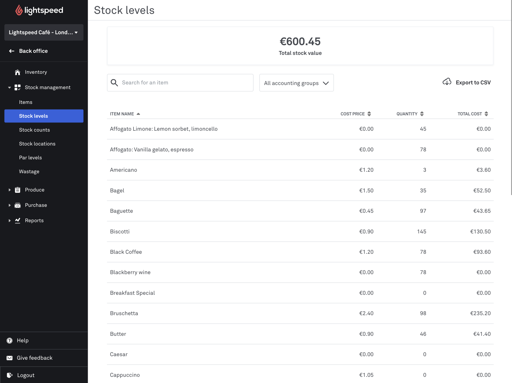 The Stock levels page